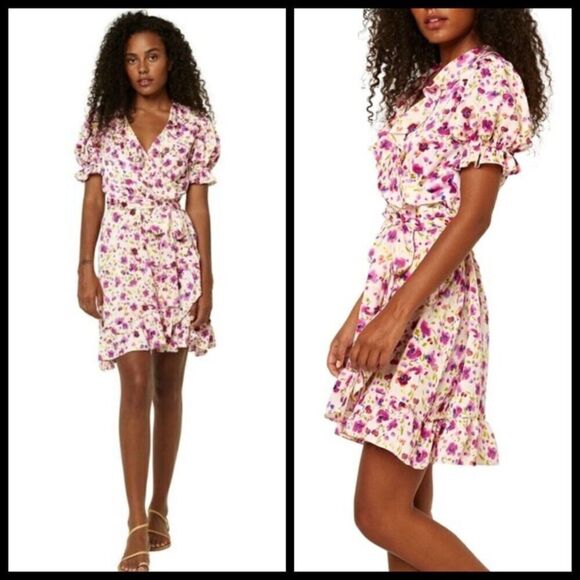 Misa Los Angeles Floral Wrap Mini Dress Size Large Ruffle Satin Feminine - Picture 1 of 8